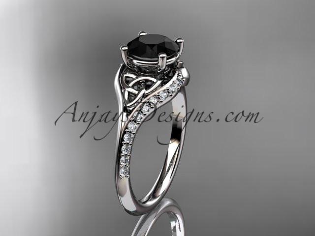 14kt white gold diamond celtic trinity knot wedding ring, engagement ring with a Black Diamond center stone CT7125 - AnjaysDesigns