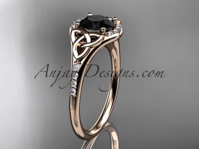 14kt rose gold diamond celtic trinity knot wedding ring, engagement ring with a Black Diamond center stone CT7126 - AnjaysDesigns