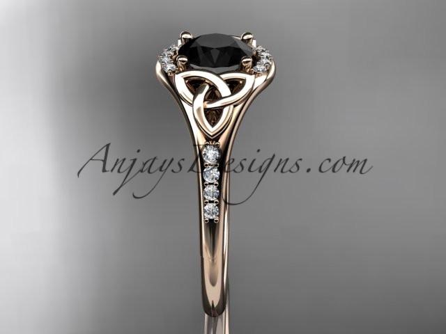14kt rose gold diamond celtic trinity knot wedding ring, engagement ring with a Black Diamond center stone CT7126 - AnjaysDesigns