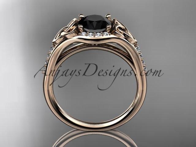 14kt rose gold diamond celtic trinity knot wedding ring, engagement ring with a Black Diamond center stone CT7126 - AnjaysDesigns