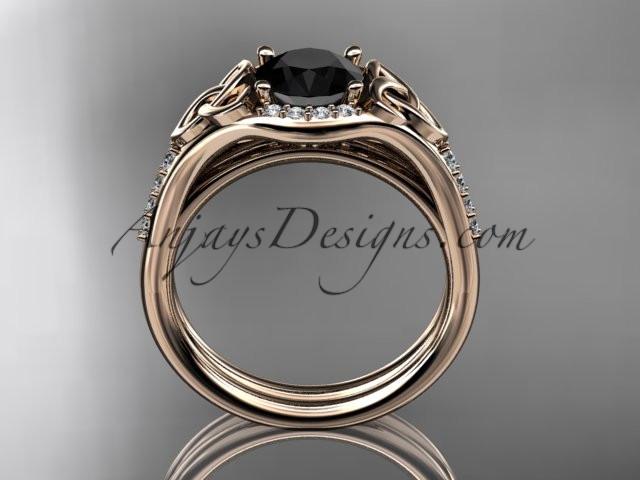 14kt rose gold diamond celtic trinity knot wedding ring, engagement set with a Black Diamond center stone CT7126S - AnjaysDesigns