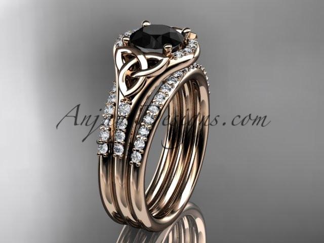 14kt rose gold diamond celtic trinity knot wedding ring, engagement ring with a Black Diamond center stone and double matching band CT7126S - AnjaysDesigns