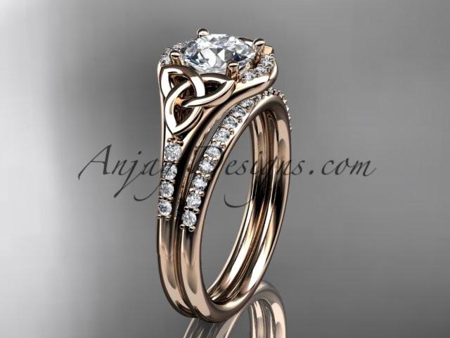 14kt rose gold diamond celtic trinity knot wedding ring, engagement set CT7126S - AnjaysDesigns