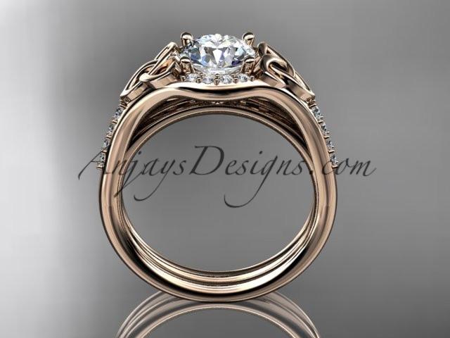14kt rose gold diamond celtic trinity knot wedding ring, engagement set with a "Forever One" Moissanite center stone CT7126S - AnjaysDesigns