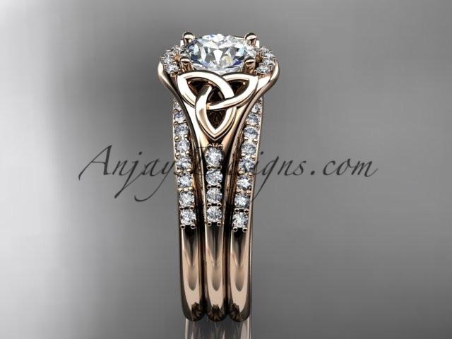 14kt rose gold diamond celtic trinity knot wedding ring, engagement ring with a "Forever One" Moissanite center stone and double matching band CT7126S - AnjaysDesigns