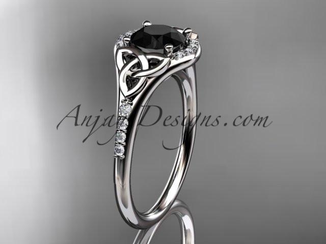 14kt white gold diamond celtic trinity knot wedding ring, engagement ring with a Black Diamond center stone CT7126 - AnjaysDesigns