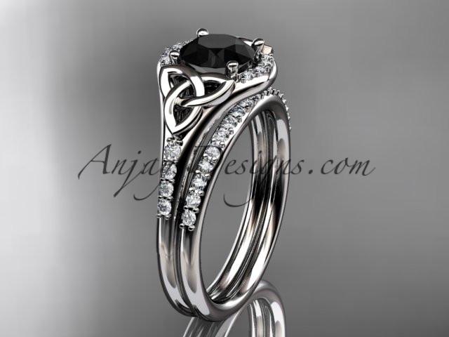 14kt white gold diamond celtic trinity knot wedding ring, engagement set with a Black Diamond center stone CT7126S - AnjaysDesigns