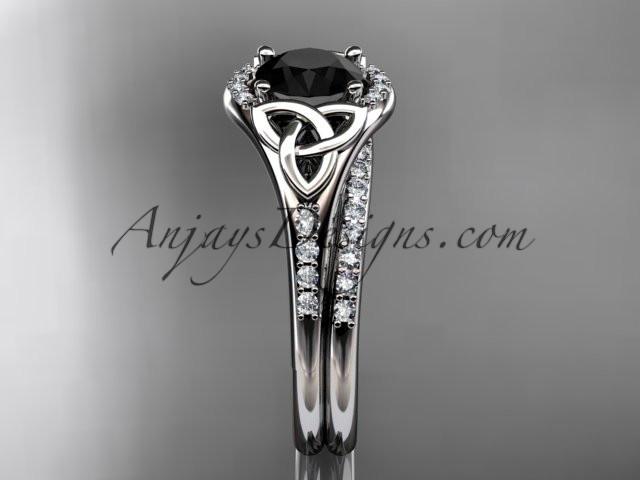 14kt white gold diamond celtic trinity knot wedding ring, engagement set with a Black Diamond center stone CT7126S - AnjaysDesigns