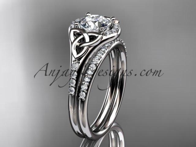 14kt white gold diamond celtic trinity knot wedding ring, engagement set with a "Forever One" Moissanite center stone CT7126S - AnjaysDesigns