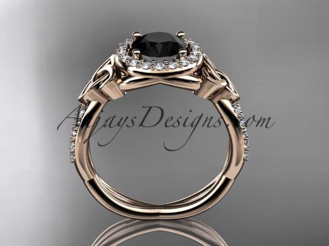 14kt rose gold diamond celtic trinity knot wedding ring, engagement ring with a Black Diamond center stone CT7127 - AnjaysDesigns