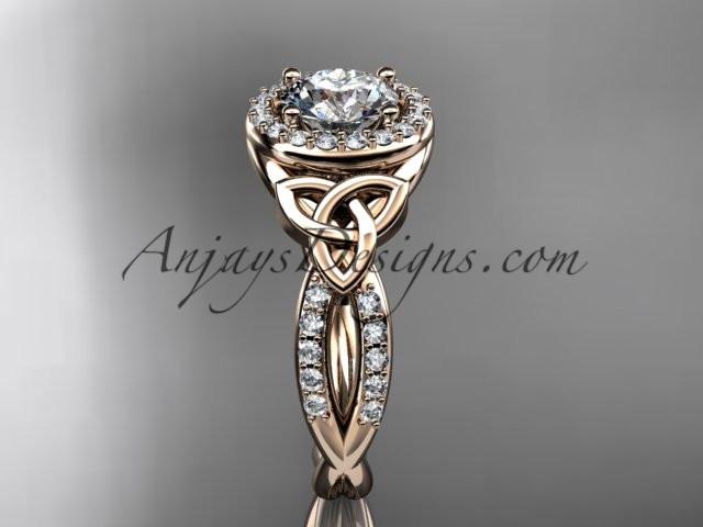 14kt rose gold diamond celtic trinity knot wedding ring, engagement ring with a "Forever One" Moissanite center stone CT7127 - AnjaysDesigns