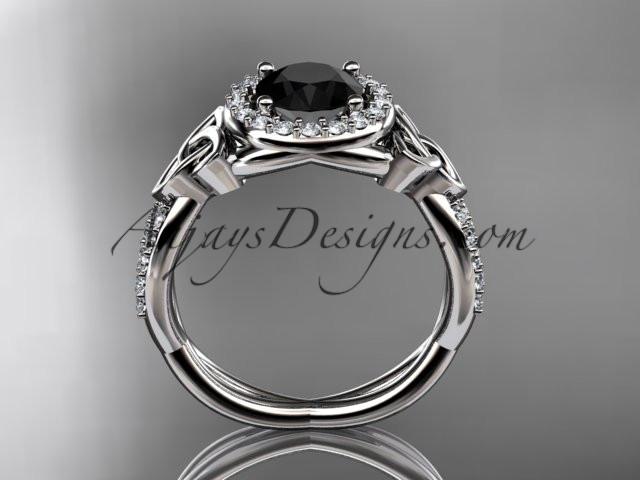 platinum diamond celtic trinity knot wedding ring, engagement ring with a Black Diamond center stone CT7127 - AnjaysDesigns