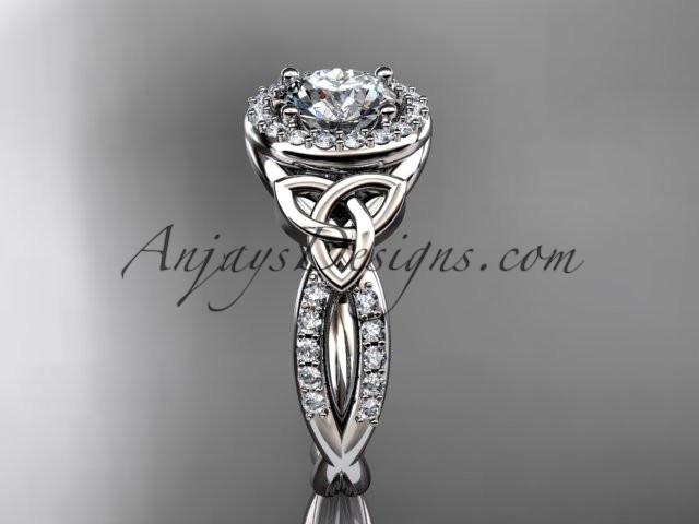 14kt white gold diamond celtic trinity knot wedding ring, engagement ring with a "Forever One" Moissanite center stone CT7127 - AnjaysDesigns