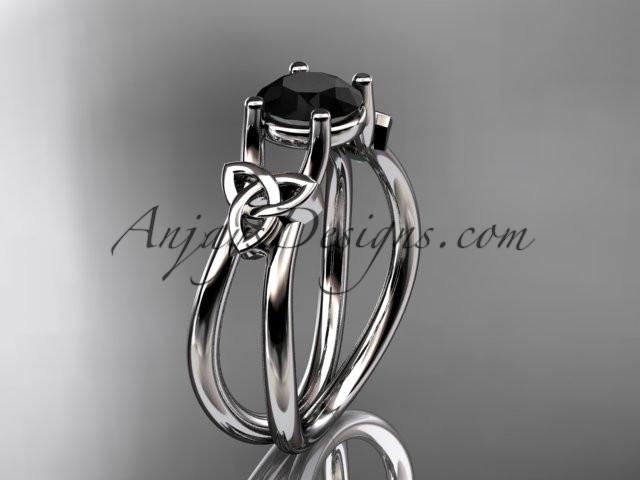 14kt white gold diamond celtic trinity knot wedding ring, engagement ring with a Black Diamond center stone CT7130 - AnjaysDesigns