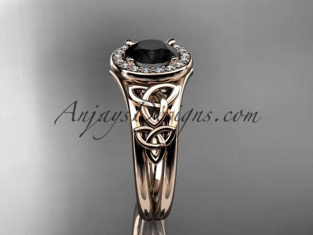 14kt rose gold diamond celtic trinity knot wedding ring, engagement ring with a Black Diamond center stone CT7131 - AnjaysDesigns