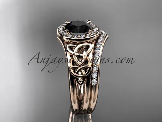 14kt rose gold diamond celtic trinity knot wedding ring, engagement set with a Black Diamond center stone CT7131S - AnjaysDesigns