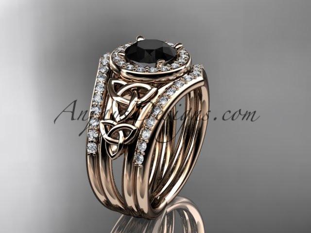 14kt rose gold diamond celtic trinity knot wedding ring, engagement ring with a Black Diamond center stone and double matching band CT7131S - AnjaysDesigns