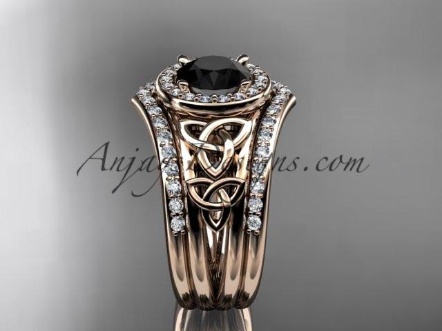 14kt rose gold diamond celtic trinity knot wedding ring, engagement ring with a Black Diamond center stone and double matching band CT7131S - AnjaysDesigns
