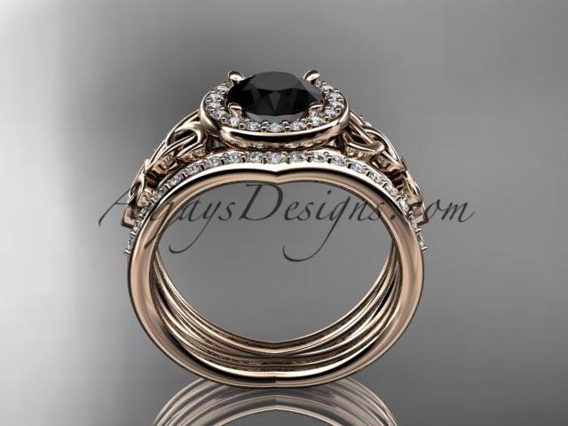 14kt rose gold diamond celtic trinity knot wedding ring, engagement ring with a Black Diamond center stone and double matching band CT7131S - AnjaysDesigns