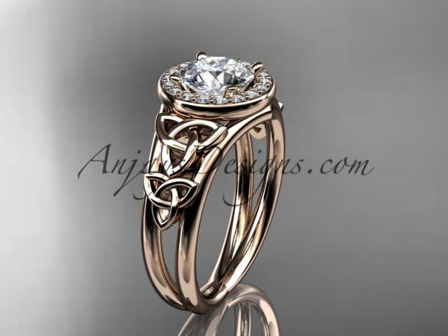 14kt rose gold diamond celtic trinity knot wedding ring, engagement ring with a "Forever One" Moissanite center stone CT7131 - AnjaysDesigns