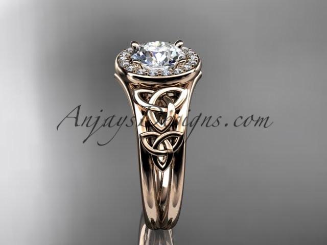 14kt rose gold diamond celtic trinity knot wedding ring, engagement ring with a "Forever One" Moissanite center stone CT7131 - AnjaysDesigns