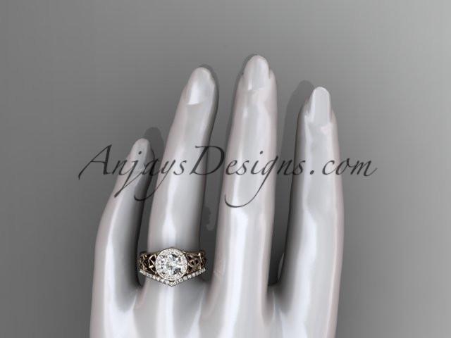14kt rose gold diamond celtic trinity knot wedding ring, engagement set with a "Forever One" Moissanite center stone CT7131S - AnjaysDesigns