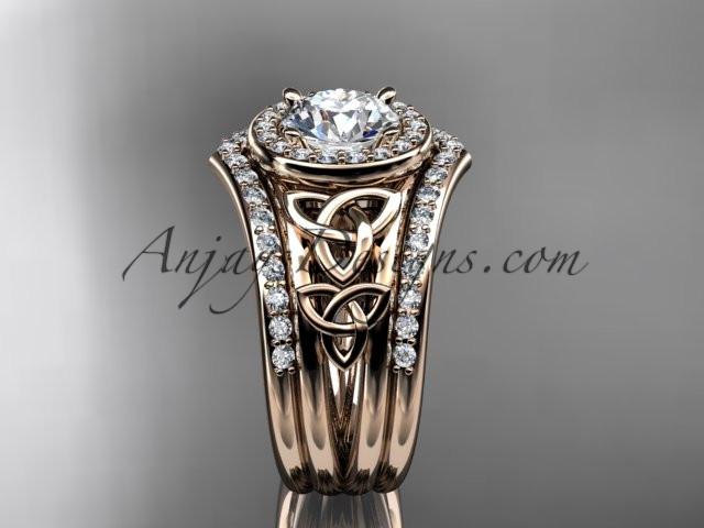 14kt rose gold diamond celtic trinity knot wedding ring, engagement ring with a "Forever One" Moissanite center stone and double matching band CT7131S - AnjaysDesigns