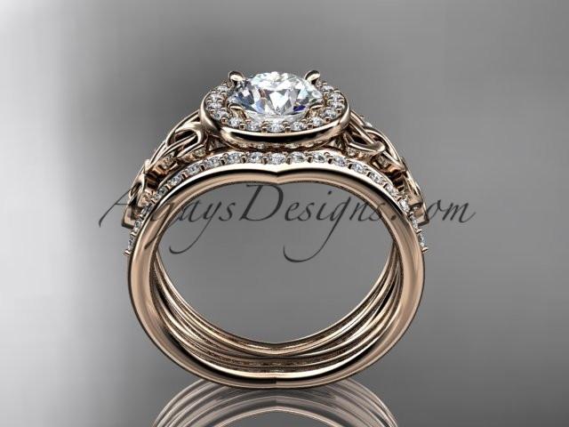 14kt rose gold diamond celtic trinity knot wedding ring, engagement ring with a "Forever One" Moissanite center stone and double matching band CT7131S - AnjaysDesigns