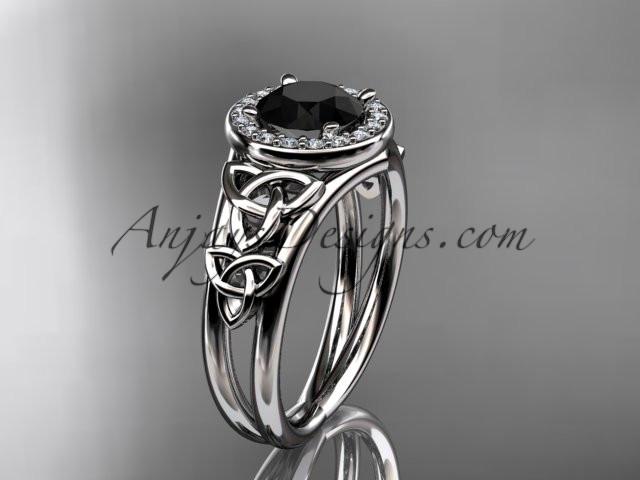 14kt white gold diamond celtic trinity knot wedding ring, engagement ring with a Black Diamond center stone CT7131 - AnjaysDesigns