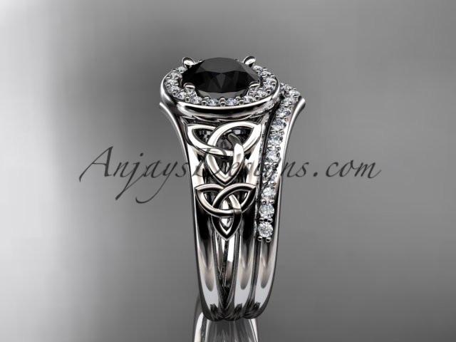 14kt white gold diamond celtic trinity knot wedding ring, engagement set with a Black Diamond center stone CT7131S - AnjaysDesigns