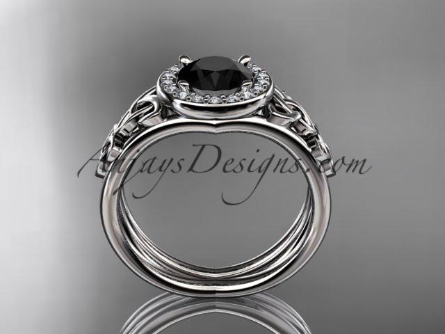 14kt white gold diamond celtic trinity knot wedding ring, engagement set with a Black Diamond center stone CT7131S - AnjaysDesigns