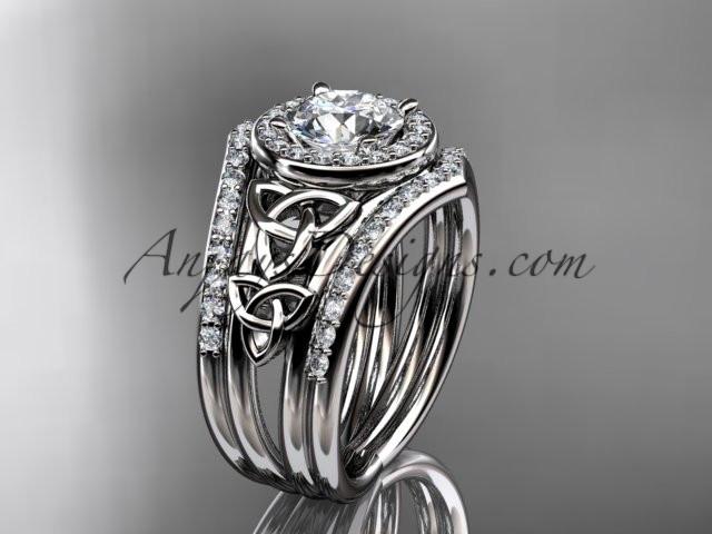 platinum diamond celtic trinity knot wedding ring, engagement ring with a "Forever One" Moissanite center stone and double matching band CT7131S - AnjaysDesigns