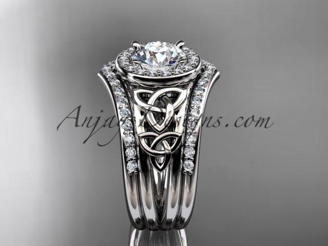 14kt white gold diamond celtic trinity knot wedding ring, engagement ring with a double matching band CT7131S - AnjaysDesigns