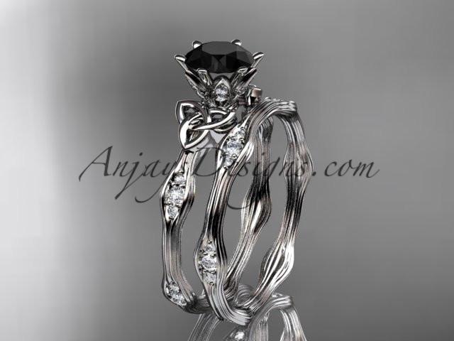 14kt white gold diamond celtic trinity knot wedding ring, engagement set with a Black Diamond center stone CT7132S - AnjaysDesigns