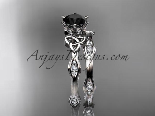 14kt white gold diamond celtic trinity knot wedding ring, engagement set with a Black Diamond center stone CT7132S - AnjaysDesigns