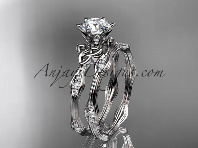 14kt white gold diamond celtic trinity knot wedding ring, engagement set with a "Forever One" Moissanite center stone CT7132S - AnjaysDesigns