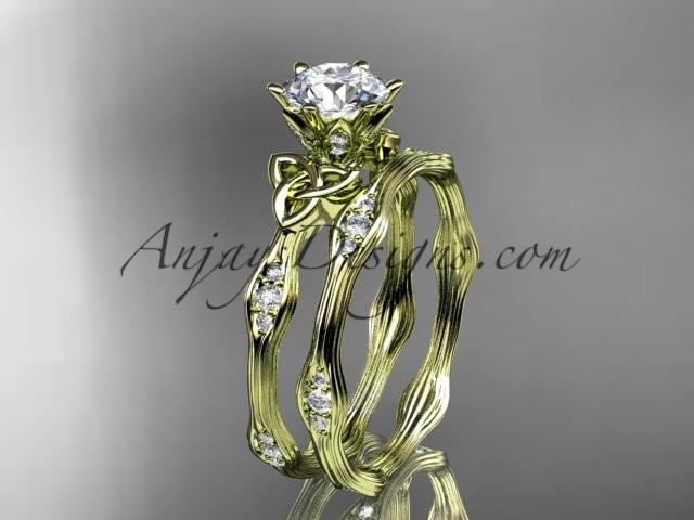14kt yellow gold diamond celtic trinity knot wedding ring, engagement set with a "Forever One" Moissanite center stone CT7132S - AnjaysDesigns
