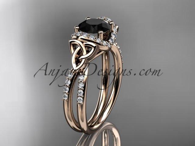 14kt rose gold diamond celtic trinity knot wedding ring, engagement ring with a Black Diamond center stone CT7155 - AnjaysDesigns