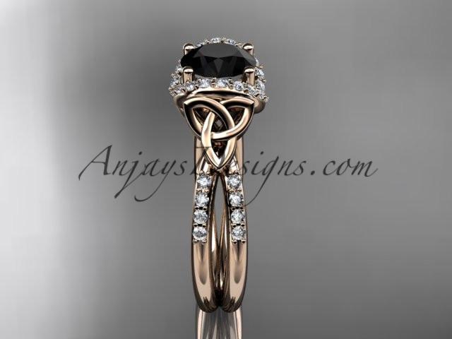 14kt rose gold diamond celtic trinity knot wedding ring, engagement ring with a Black Diamond center stone CT7155 - AnjaysDesigns