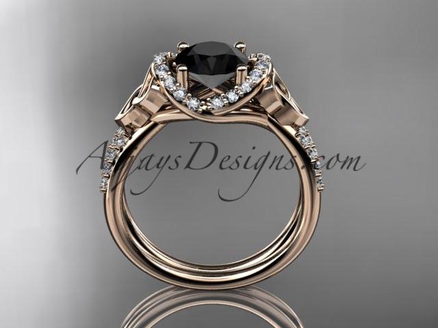 14kt rose gold diamond celtic trinity knot wedding ring, engagement ring with a Black Diamond center stone CT7155 - AnjaysDesigns