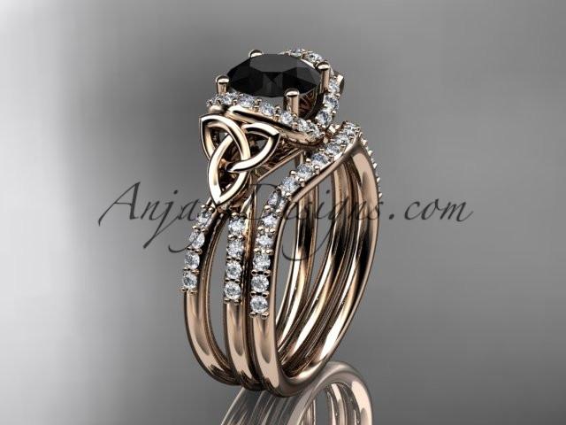 14kt rose gold diamond celtic trinity knot wedding ring, engagement set with a Black Diamond center stone CT7155S - AnjaysDesigns