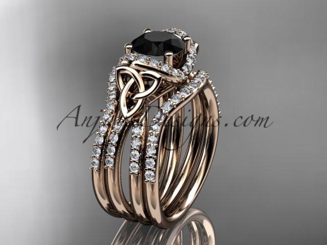 14kt rose gold diamond celtic trinity knot wedding ring, engagement ring with a Black Diamond center stone and double matching band CT7155S - AnjaysDesigns