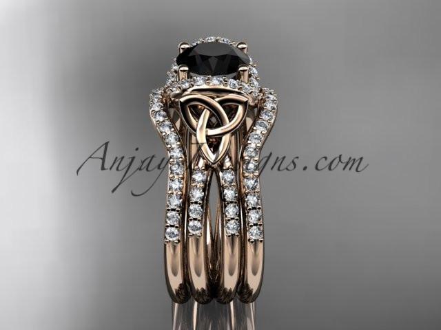 14kt rose gold diamond celtic trinity knot wedding ring, engagement ring with a Black Diamond center stone and double matching band CT7155S - AnjaysDesigns