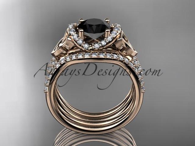 14kt rose gold diamond celtic trinity knot wedding ring, engagement ring with a Black Diamond center stone and double matching band CT7155S - AnjaysDesigns