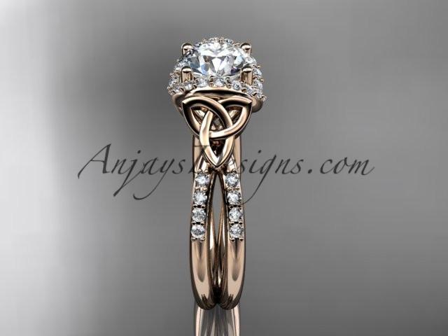 14kt rose gold diamond celtic trinity knot wedding ring, engagement ring with a "Forever One" Moissanite center stone CT7155 - AnjaysDesigns