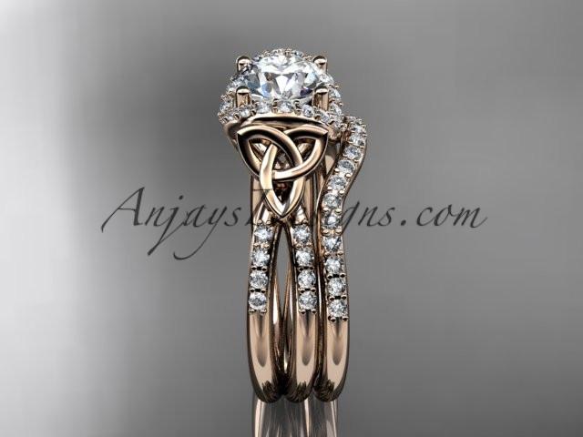 14kt rose gold diamond celtic trinity knot wedding ring, engagement set CT7155S - AnjaysDesigns
