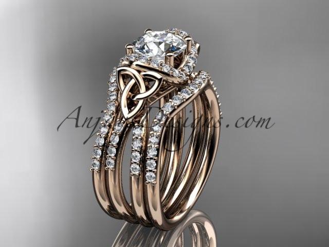 14kt rose gold diamond celtic trinity knot wedding ring, engagement ring with a double matching band CT7155S - AnjaysDesigns