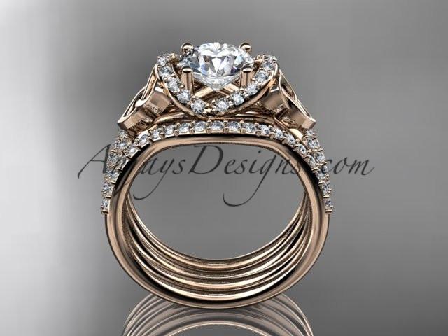 14kt rose gold diamond celtic trinity knot wedding ring, engagement ring with a "Forever One" Moissanite center stone and double matching band CT7155S - AnjaysDesigns