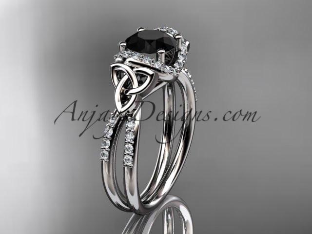 14kt white gold diamond celtic trinity knot wedding ring, engagement ring with a Black Diamond center stone CT7155 - AnjaysDesigns
