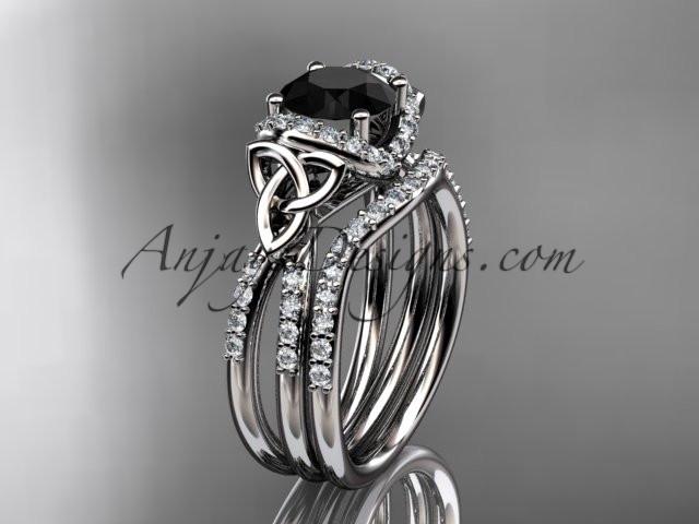 14kt white gold diamond celtic trinity knot wedding ring, engagement set with a Black Diamond center stone CT7155S - AnjaysDesigns